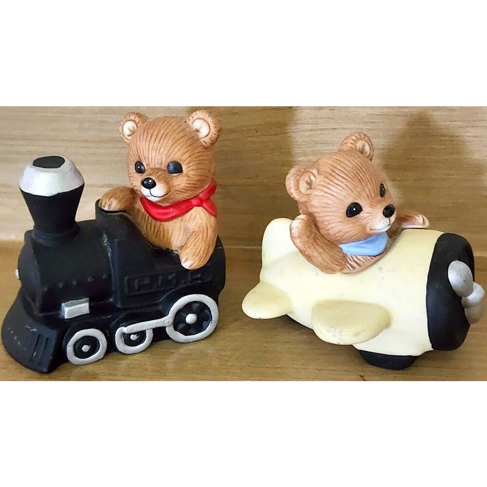 Vintage Homco Figurine Porcelain Teddy Bear #1463 Plane & Train Original Sticker